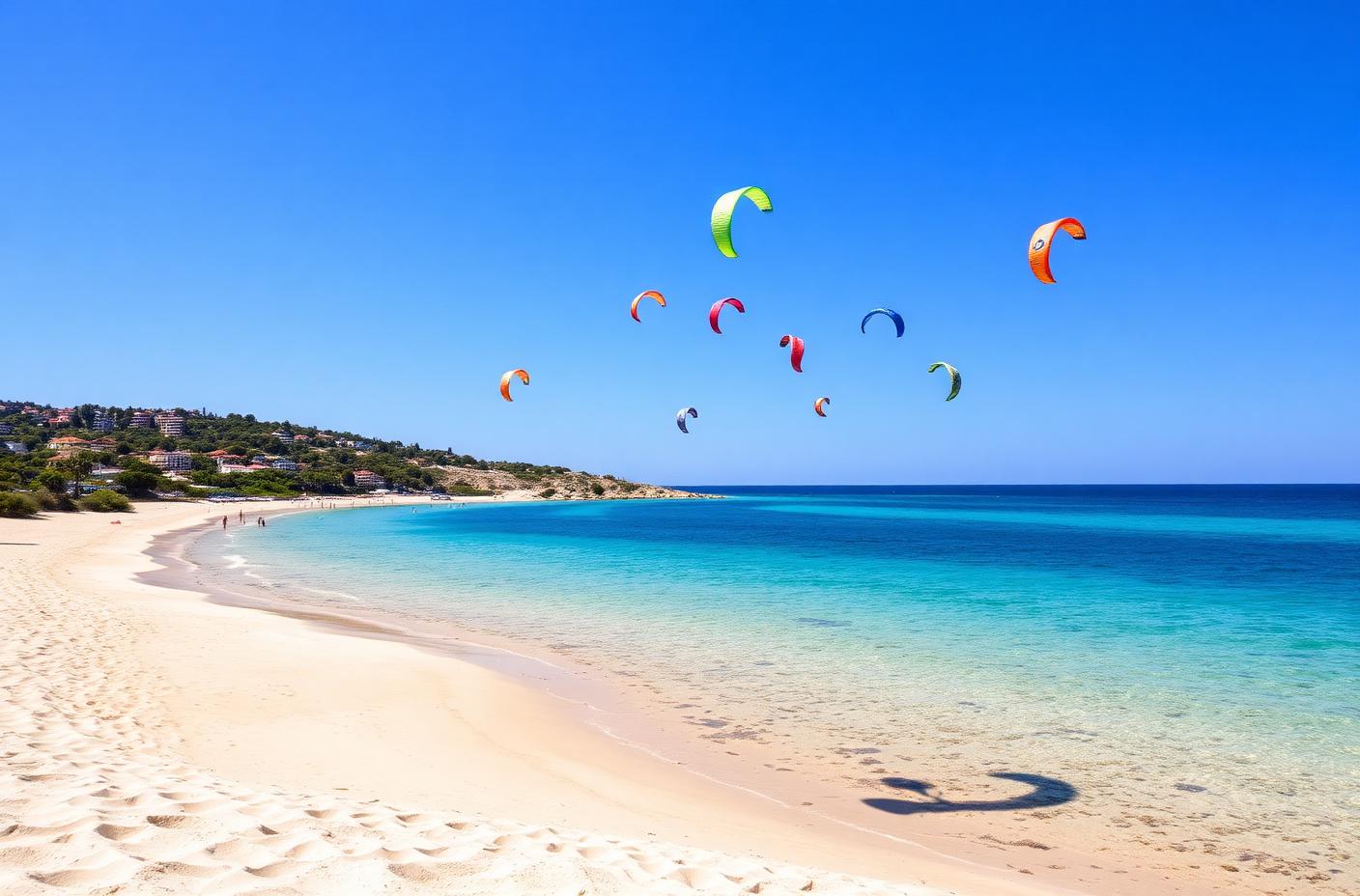 Ždrijac Beach in Nin with kitesurfers above the shallow lagoon